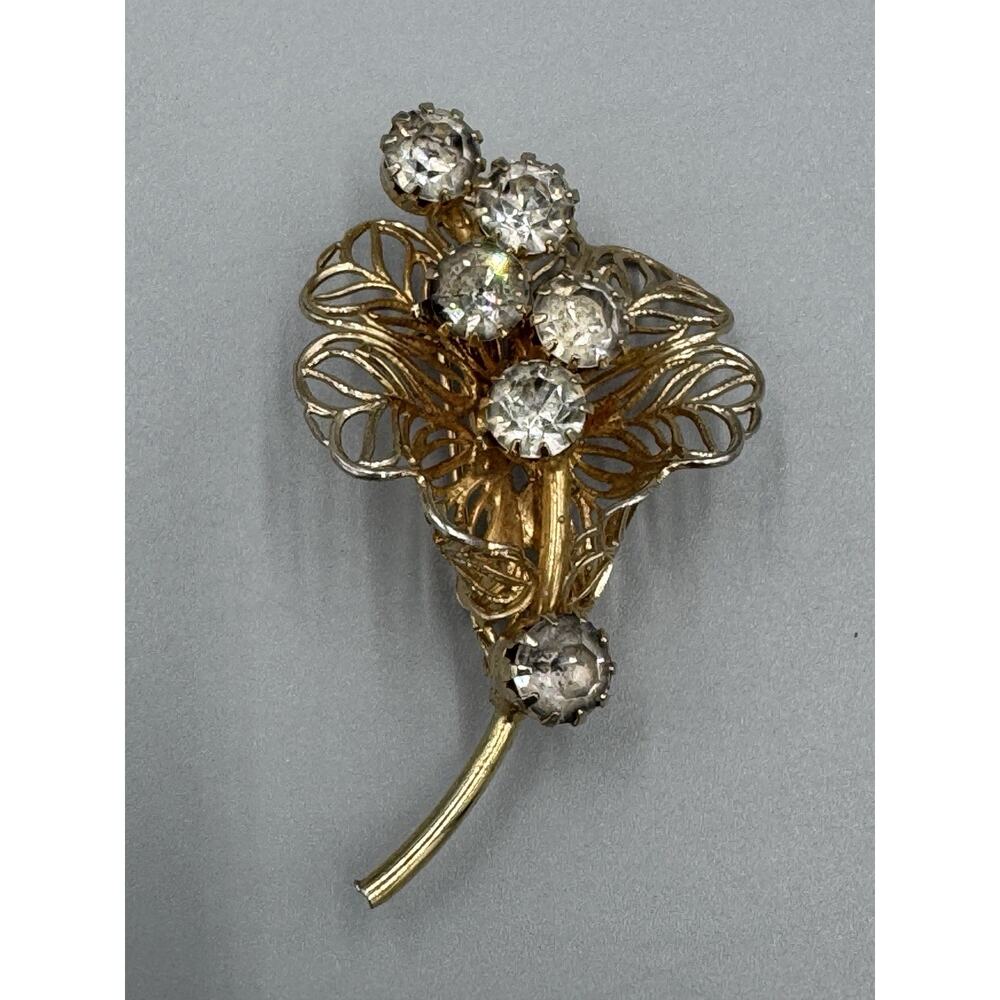 Vintage Gold Colored Flower Floral Bouquet Shaped Clear Rhinestones Brooch